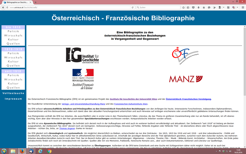 Bild von der Startseite der homepage Österreich-Französischen Bibliographie = gleichzeitig auch link zur homepage Österreich-Französische Bibliographie